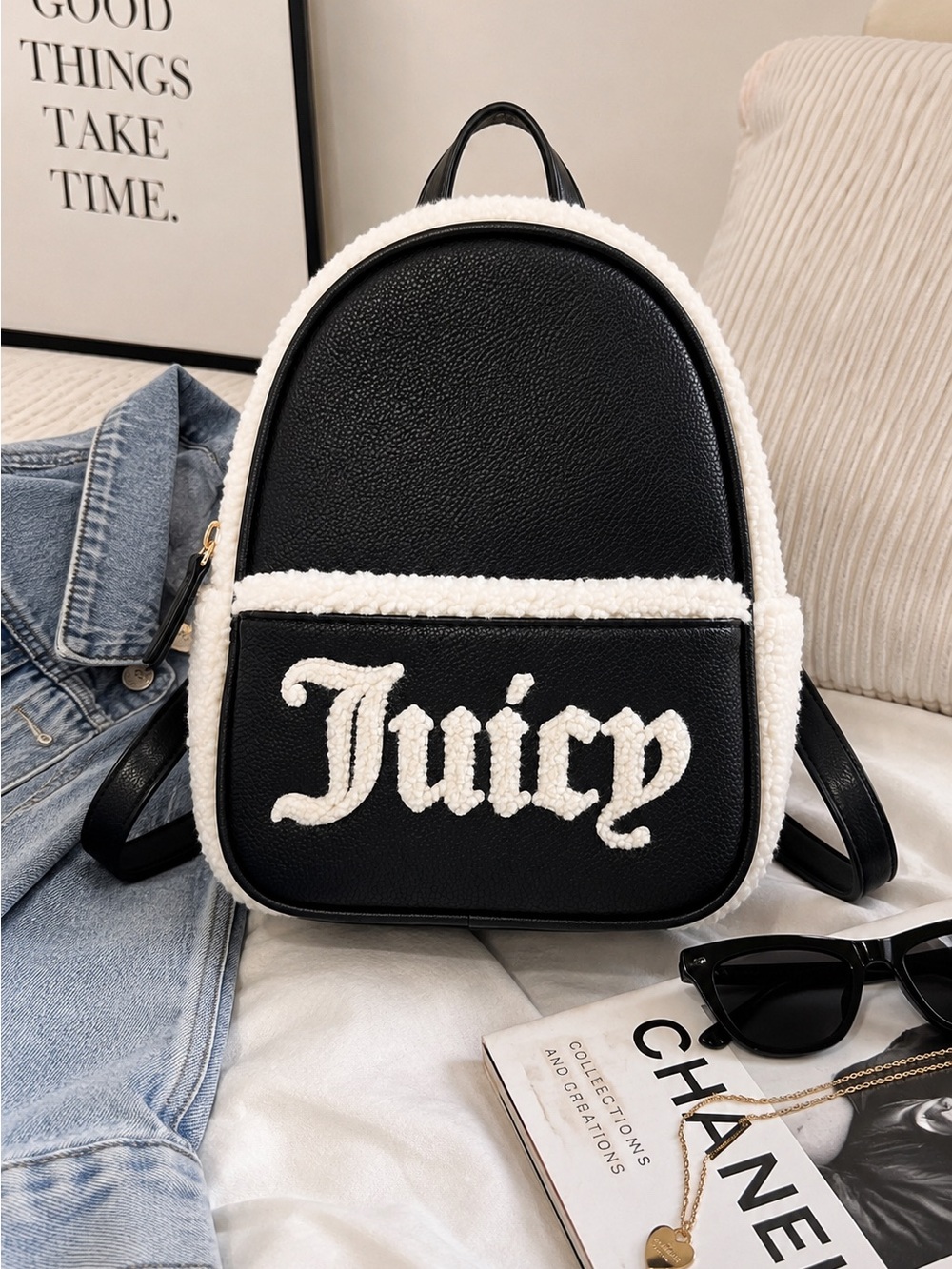 Juicy Couture Black and White Sherpa Backpack Purse Logo Lining Mint Condition